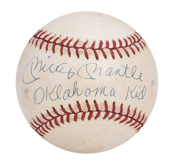 Mickey Mantle Signed and Inscribed OAL Brown Baseball with "Oklahoma Kid" Inscription (JSA)